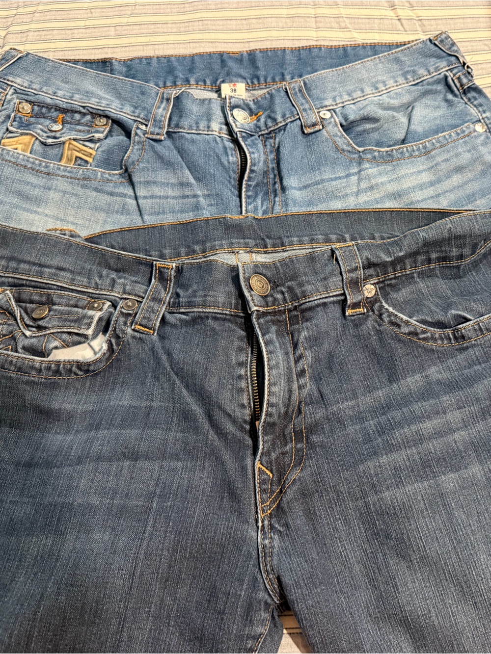 True Religion Men's Straight Jeans in Light and Dark Blue Wash